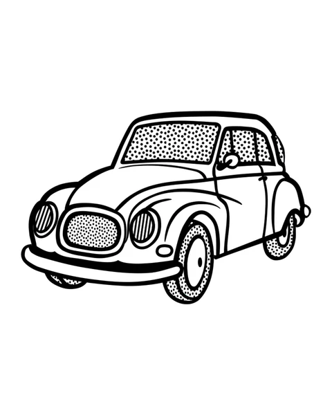 A rounded car with dotted windows, round headlights and patterned tires.