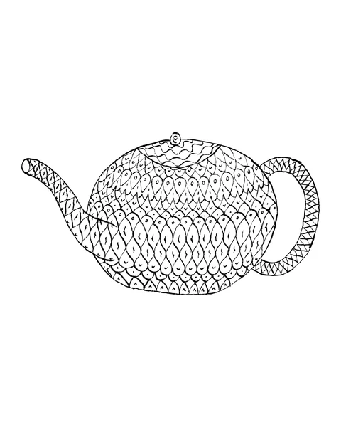 A rounded teapot covered in leaf-like patterns, with a curved spout and a decorated handle.