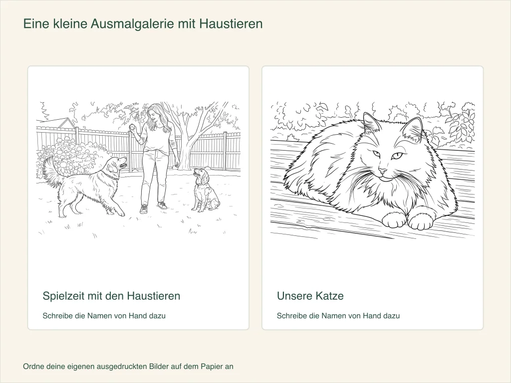 Zwei Papierbilder für eine Haustier-Malgalerie: eine Person, die mit zwei Hunden spielt, und eine Katze, die auf Brettern ruht, mit Platz zum Hinzufügen von Namen