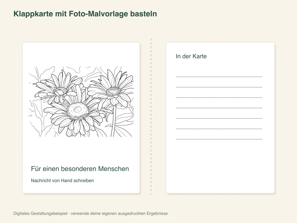 Papieraktivität: eine Grußkarte mit Foto-Malvorlage falten