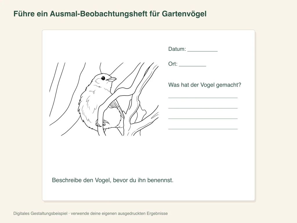 Papierlayout für eine Ausmal- und Beobachtungsnotiz zu einem Vogel im Garten