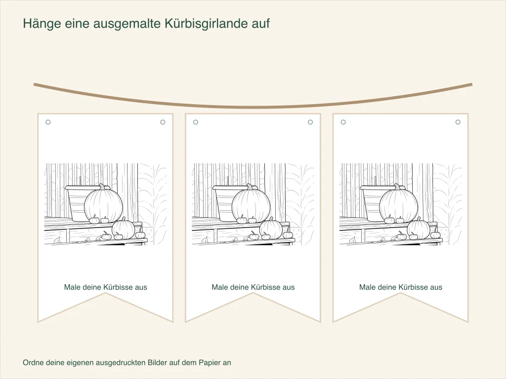 Eine Veranda mit Kürbissen auf drei Papierwimpeln, jeweils mit Löchern für die Schnur
