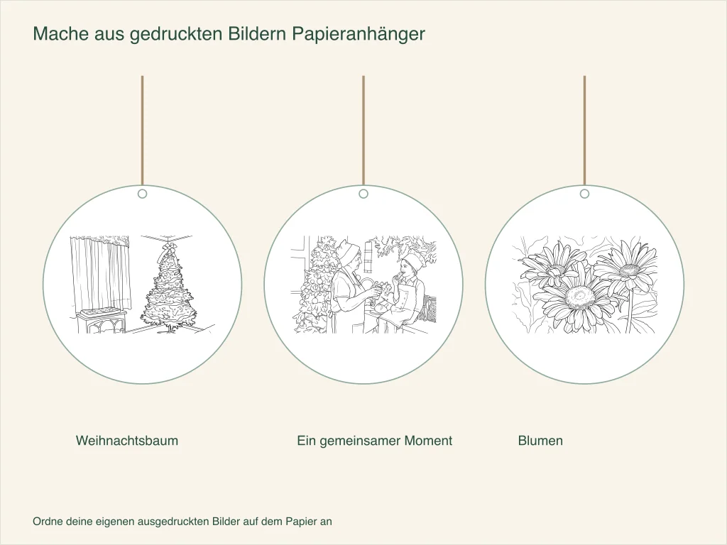 Drei Papieranhänger mit einem Weihnachtsbaum, einem Familienmoment und Blumen, jeweils mit einer Schlaufe zum Aufhängen