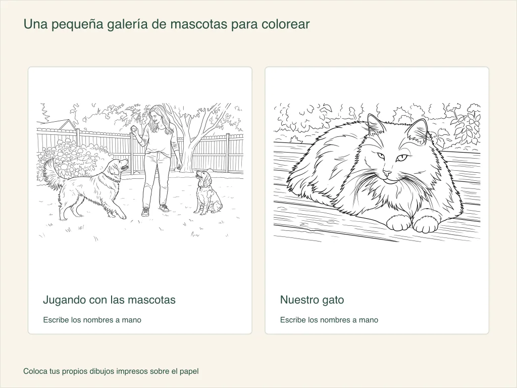 Dos hojas para una galería de mascotas: una persona juega con dos perros y un gato descansa sobre tablas; hay espacios para escribir los nombres