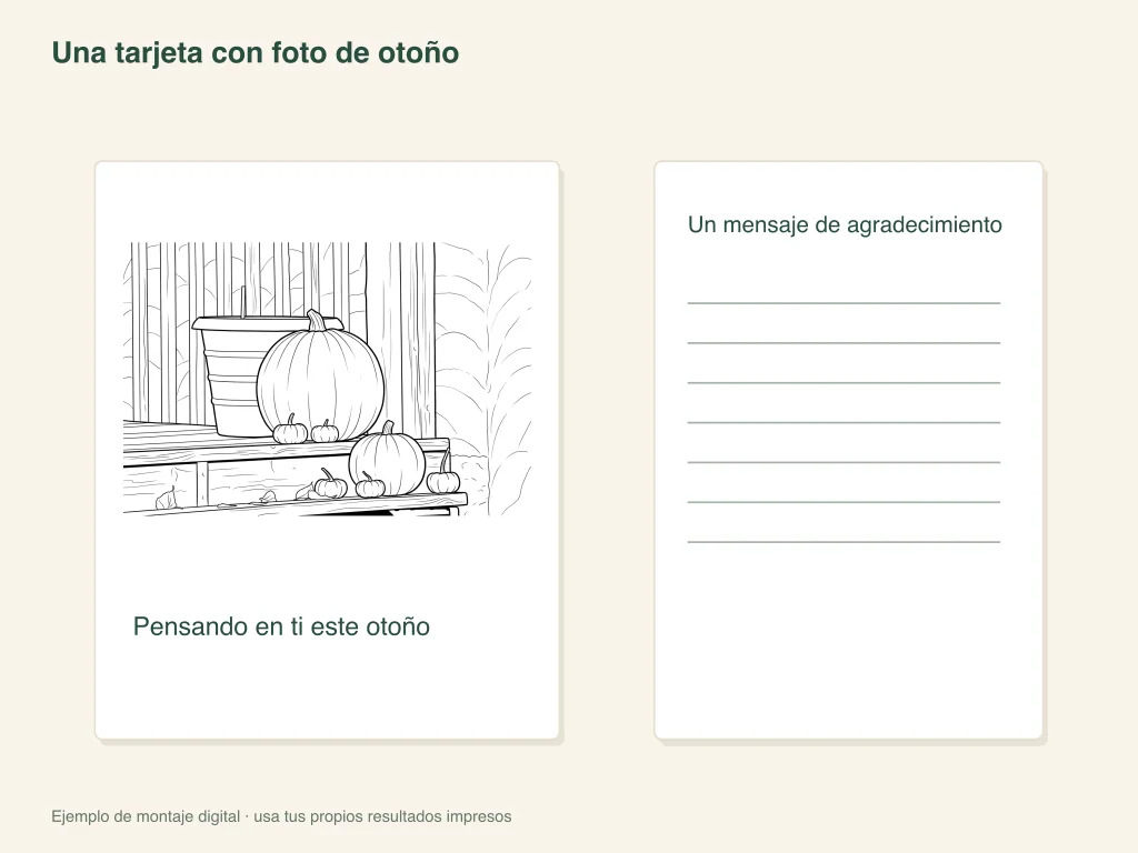 Una tarjeta de felicitación con fotografía de otoño: diseño de actividad en papel