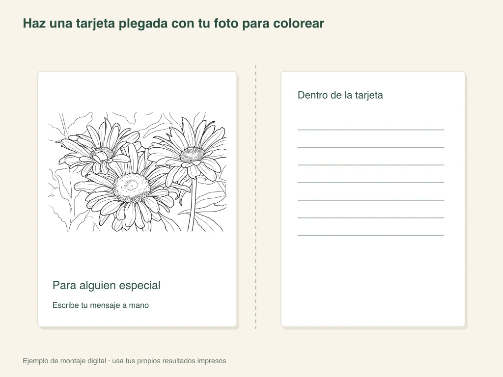 Doblar una tarjeta de felicitación para colorear con fotografía: diseño de actividad en papel