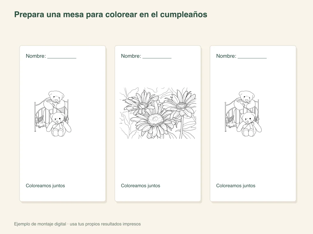 Ejemplo de actividad en papel con una mesa para colorear en un cumpleaños
