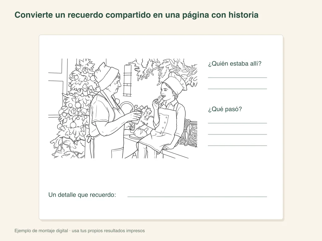 Ejemplo de actividad en papel que combina el retrato de un momento compartido con un recuerdo escrito