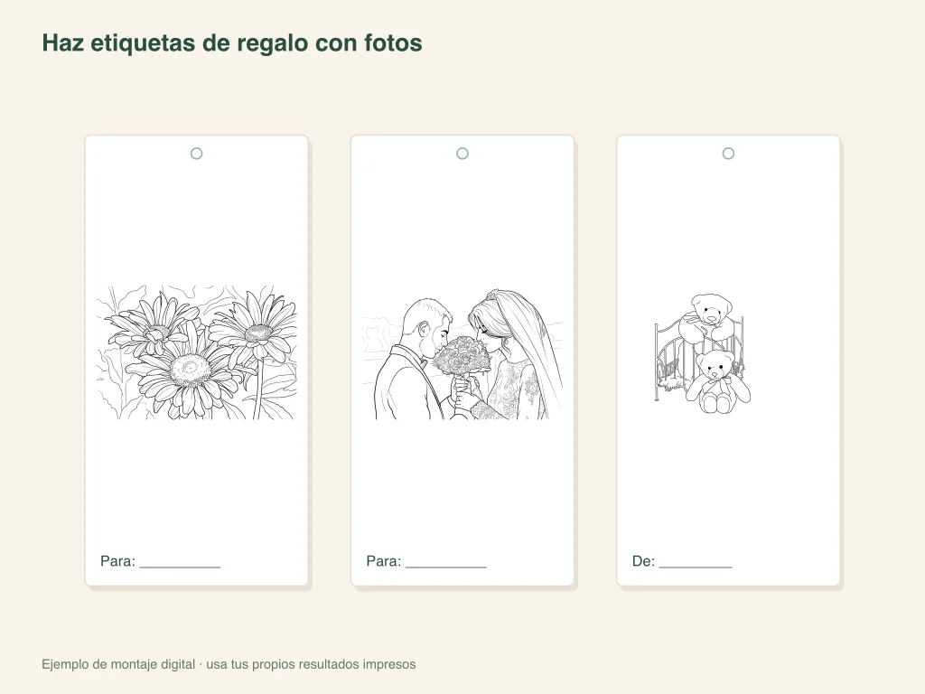 Etiquetas de regalo hechas con dibujos de fotos: esquema de la actividad en papel