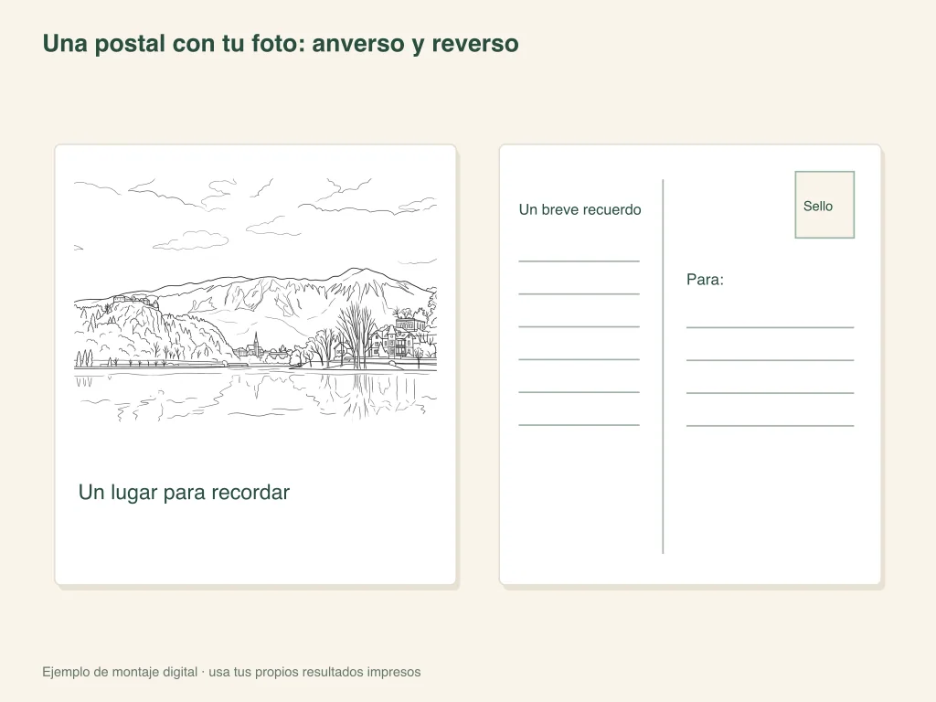 Anverso y reverso de una postal con foto: distribución de la actividad en papel