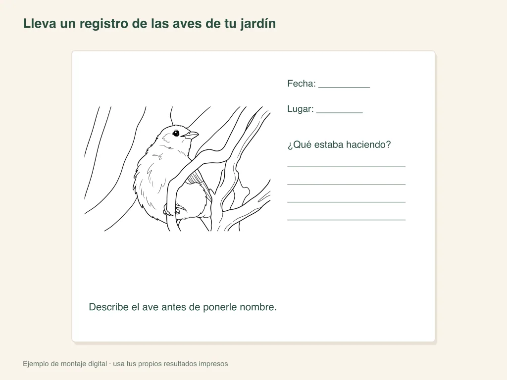 Ejemplo de registro en papel para observar y colorear aves del jardín