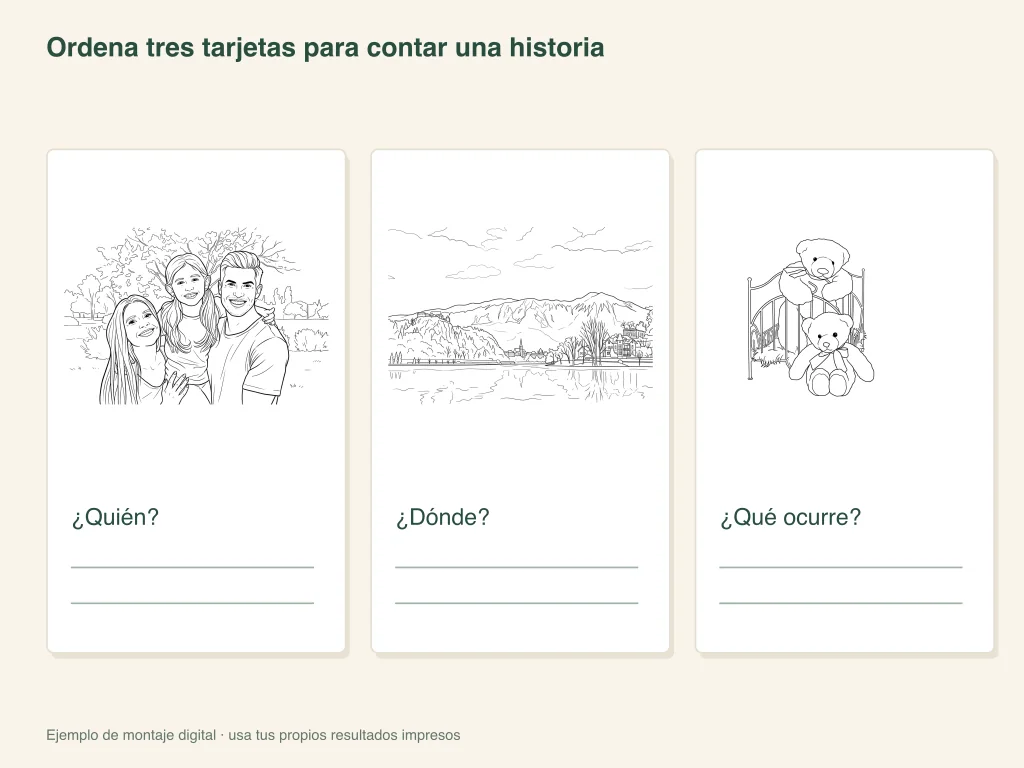 Tres tarjetas para contar una historia: esquema de la actividad en papel