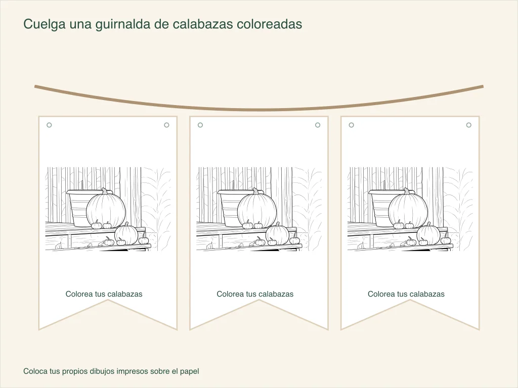 Un dibujo de un porche con calabazas repetido en tres banderines de papel con agujeros para el cordón