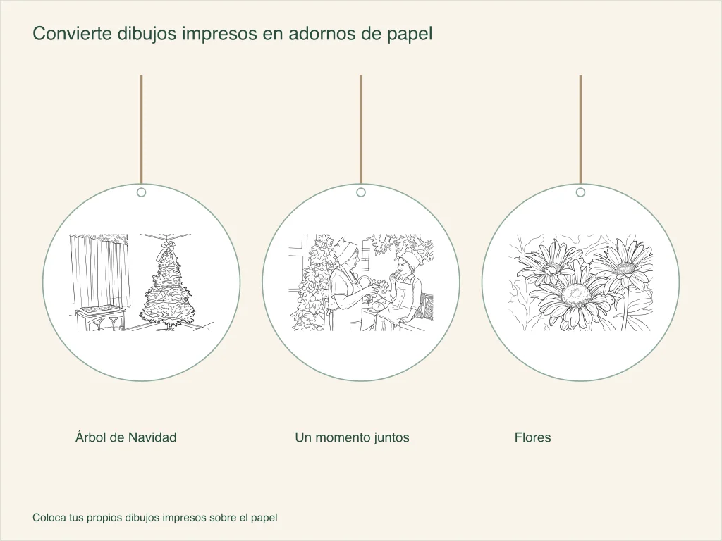 Tres adornos de papel con un árbol de Navidad, un momento en familia y flores, cada uno con un lazo para colgar