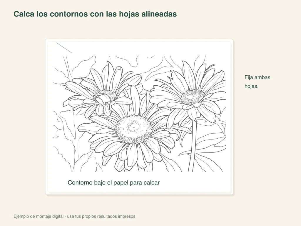 Contornos de flores bajo una hoja translúcida fijada para calcar