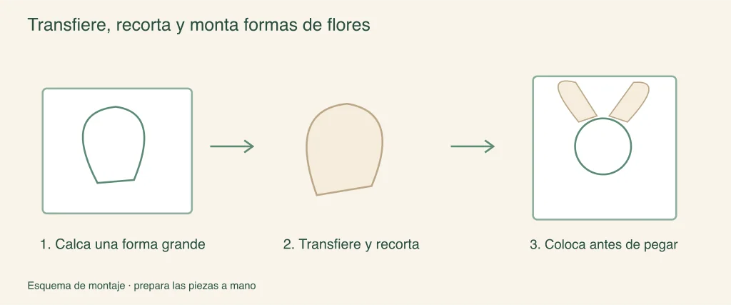Transferir, cortar y ensamblar formas de flores: pasos de ensamblaje ilustrados