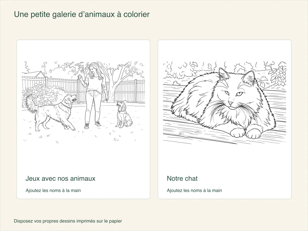 Deux dessins sur papier pour une galerie d’animaux : une personne joue avec deux chiens et un chat repose sur des planches, avec des espaces pour écrire les noms
