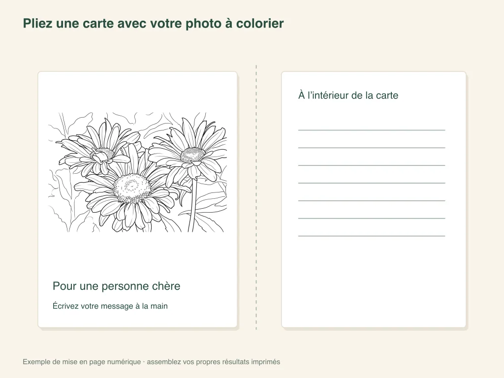 Illustration de la mise en page d’une carte de vœux pliée avec un coloriage issu d’une photo