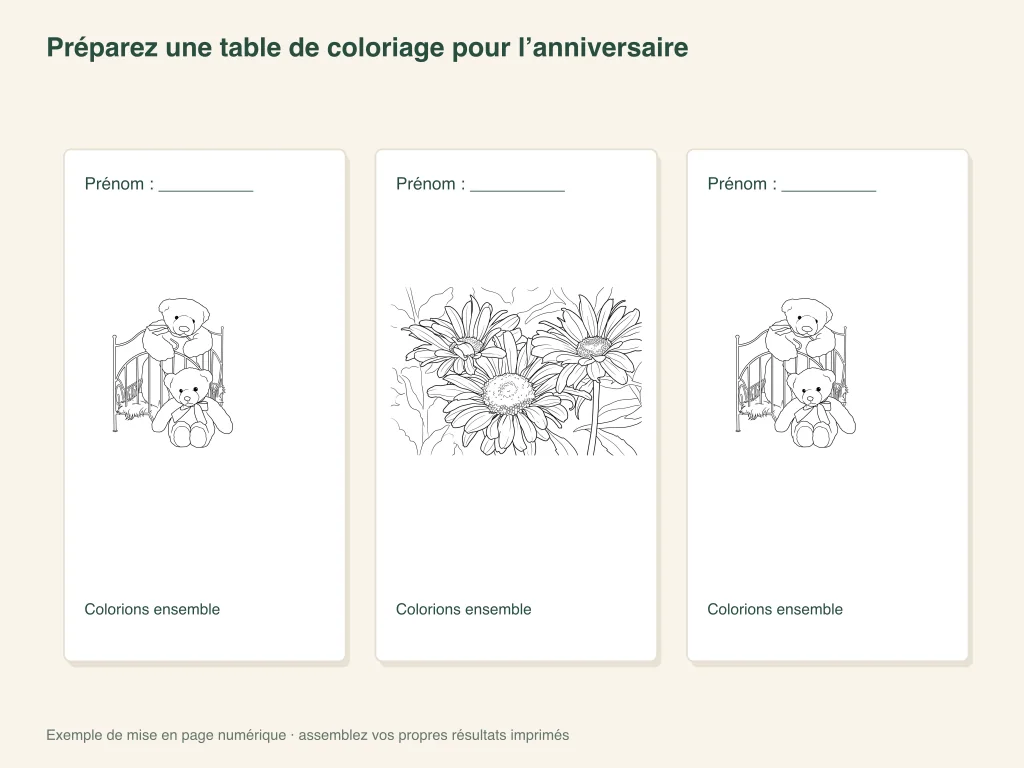 Exemple de disposition sur papier pour une table de coloriage d’anniversaire