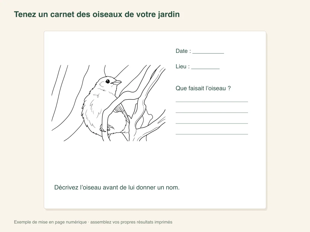 Exemple de fiche sur papier pour noter les oiseaux du jardin avec un coloriage
