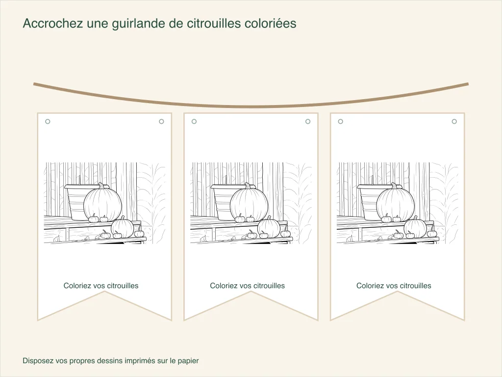 Un dessin de porche avec des citrouilles répété sur trois fanions en papier percés pour la ficelle