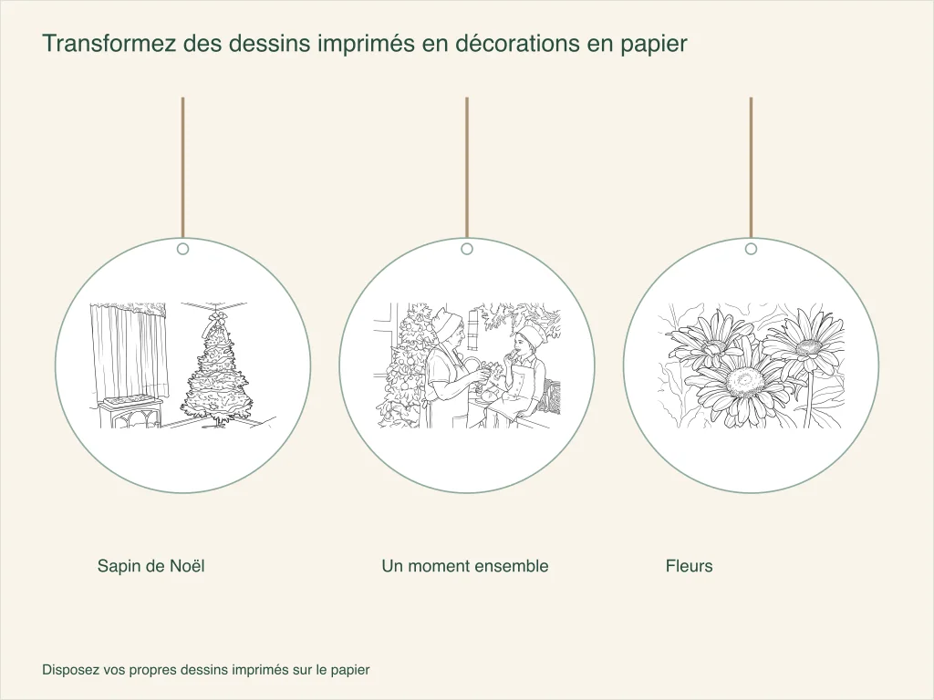 Trois décorations en papier avec un sapin de Noël, un moment en famille et des fleurs, chacune avec une boucle pour l’accrocher