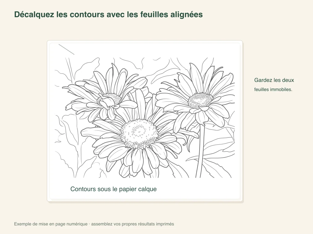 Contours de fleurs sous une feuille translucide fixée pour décalquer