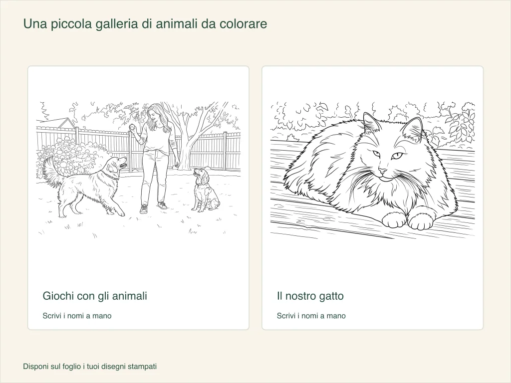 Due disegni su carta per una mostra di animali da colorare: una persona che gioca con due cani e un gatto che riposa su assi di legno, con spazio per i nomi.