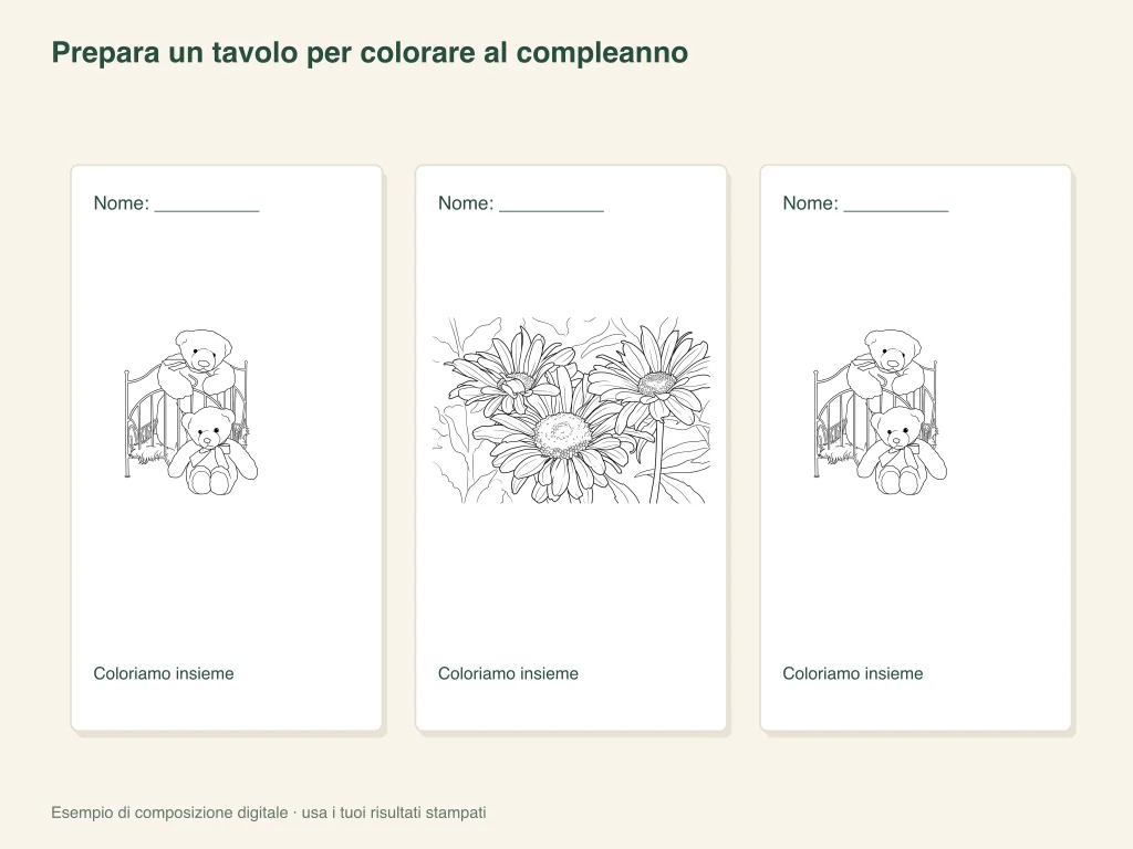 Esempio di attività su carta con un tavolo per colorare durante un compleanno