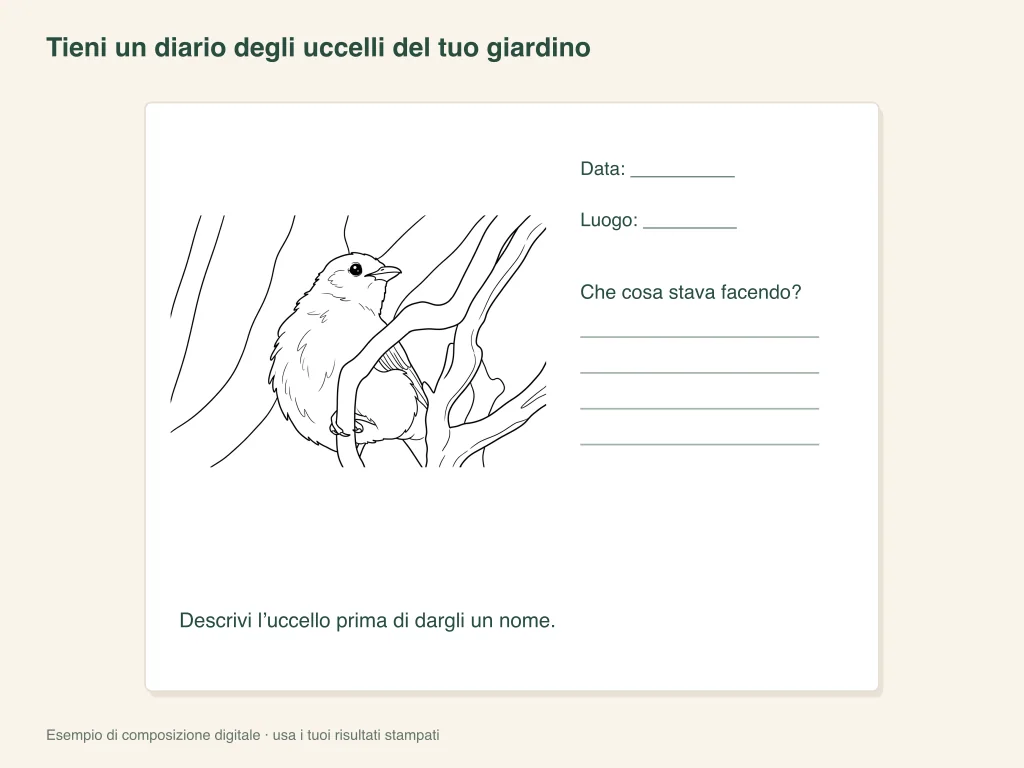Schema su carta per un diario di uccelli in giardino, con un disegno da colorare e spazi per le osservazioni.
