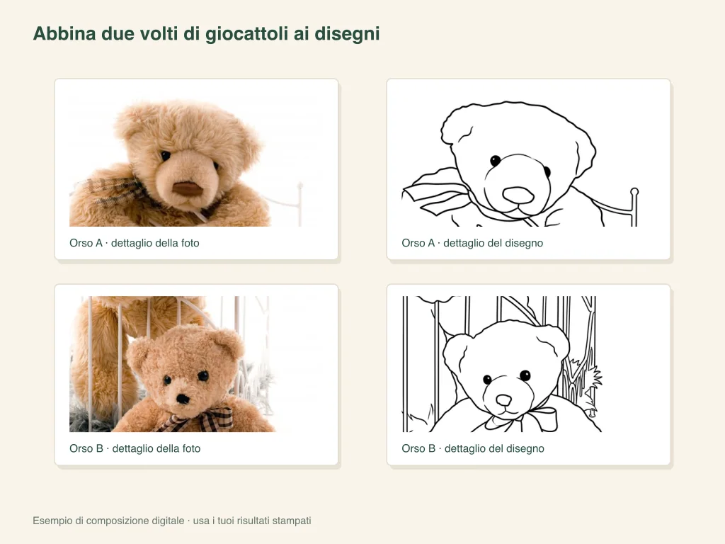 Abbina due facce di giocattoli ai loro disegni: layout di attività cartacee