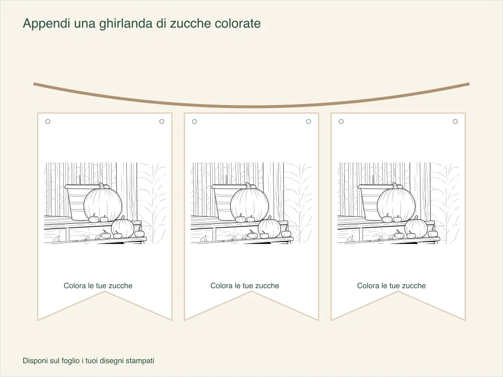 Disegno di un portico con zucche ripetuto su tre bandierine di carta con fori per lo spago