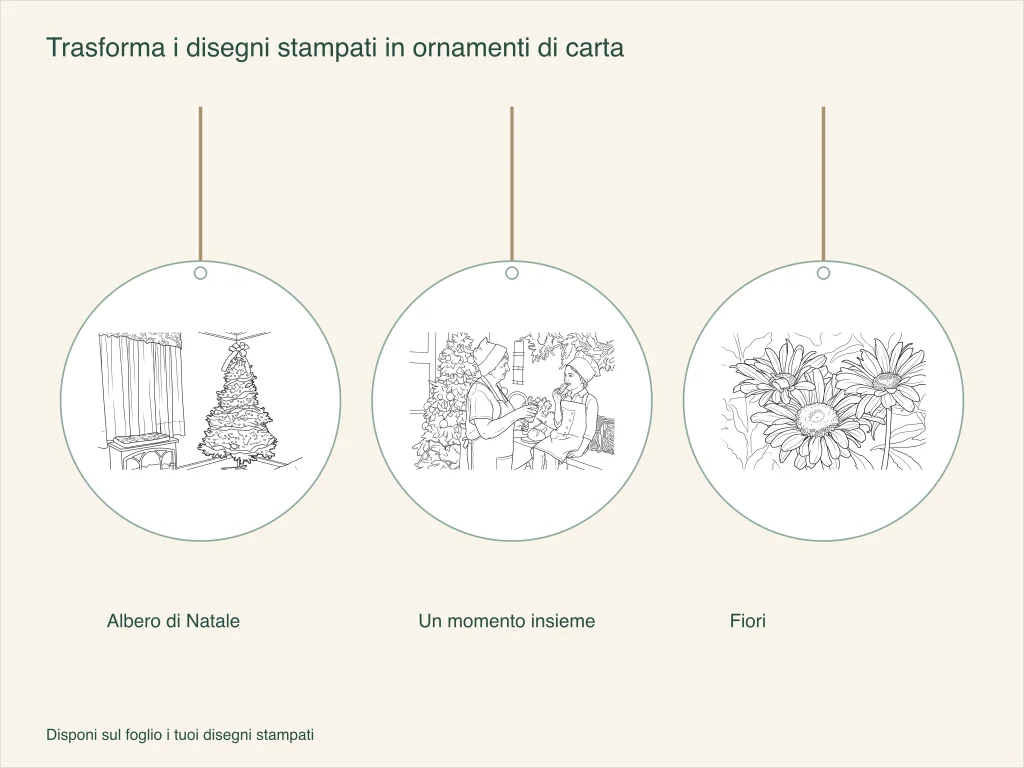 Tre decorazioni di carta con un albero di Natale, un momento in famiglia e fiori, ciascuna con un’asola per appenderla
