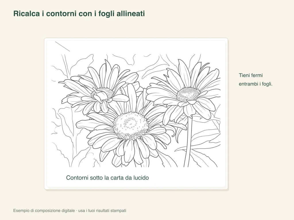 Contorni di fiori sotto un foglio traslucido tenuto fermo per disegnare sopra i contorni
