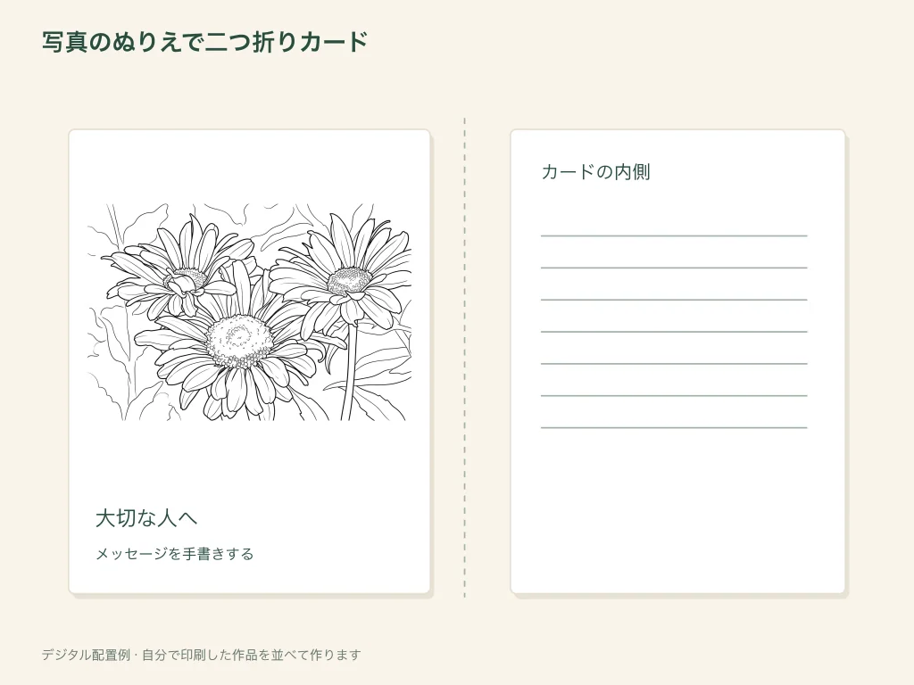 写真のぬりえを使った二つ折りカードの紙の活動例