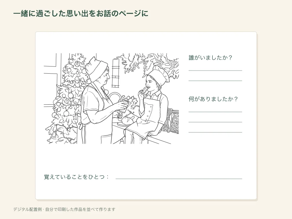 一緒の思い出を物語のページにする、紙の活動の配置例