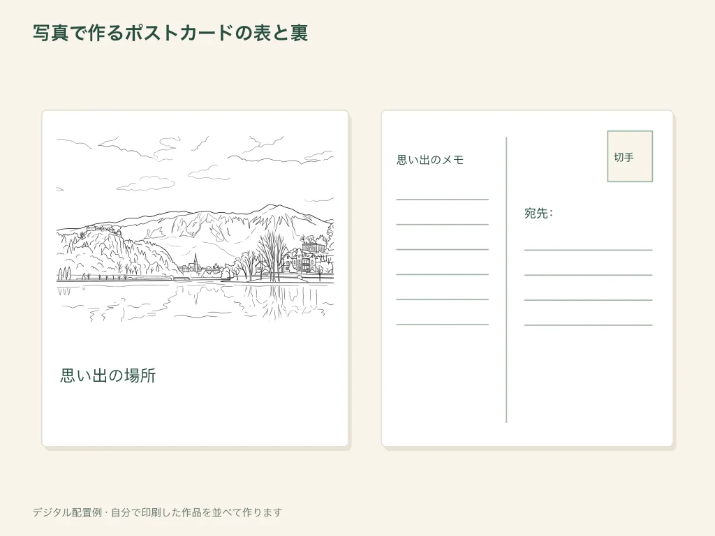 写真はがきの表と裏を示した、紙の作品のレイアウト例