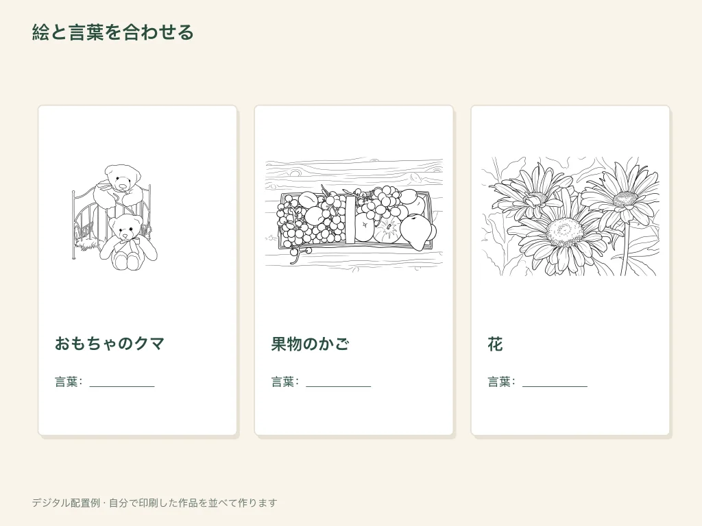 絵と言葉を合わせる紙の活動例