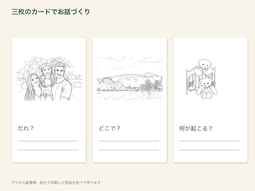 三枚のお話カードを並べる紙の活動例