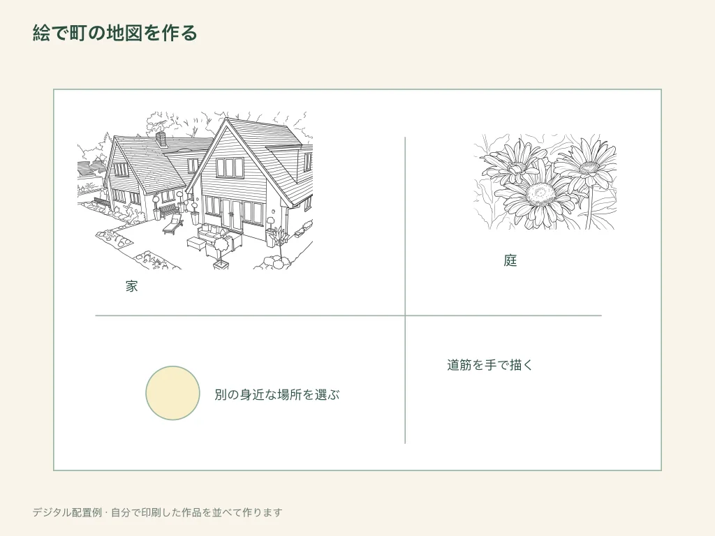 身近な場所の絵を並べた紙の地図の活動例