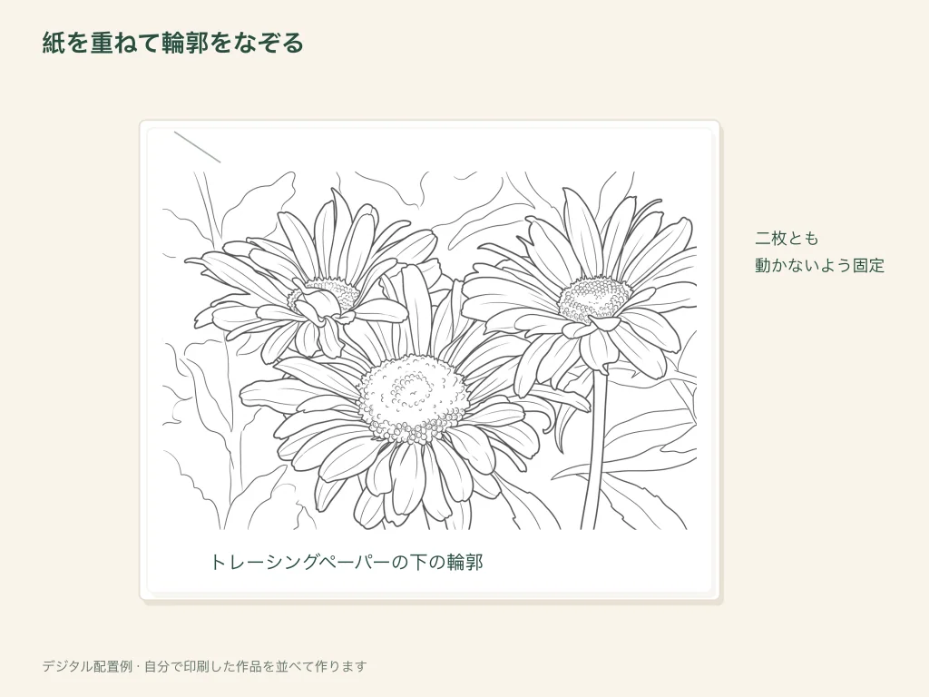 固定された半透明の紙の下に見える、なぞり描き用の花の輪郭