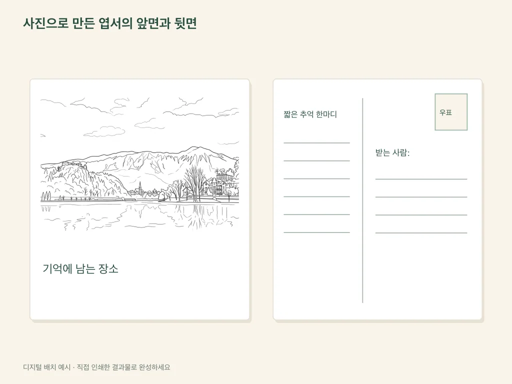 사진 엽서의 앞면과 뒷면을 보여 주는 종이 활동 구성 예시