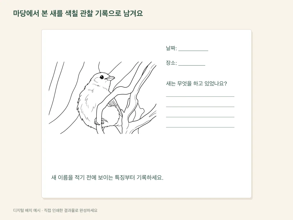 뒷마당 새의 색칠 관찰 기록을 만드는 종이 활동 배치 예시