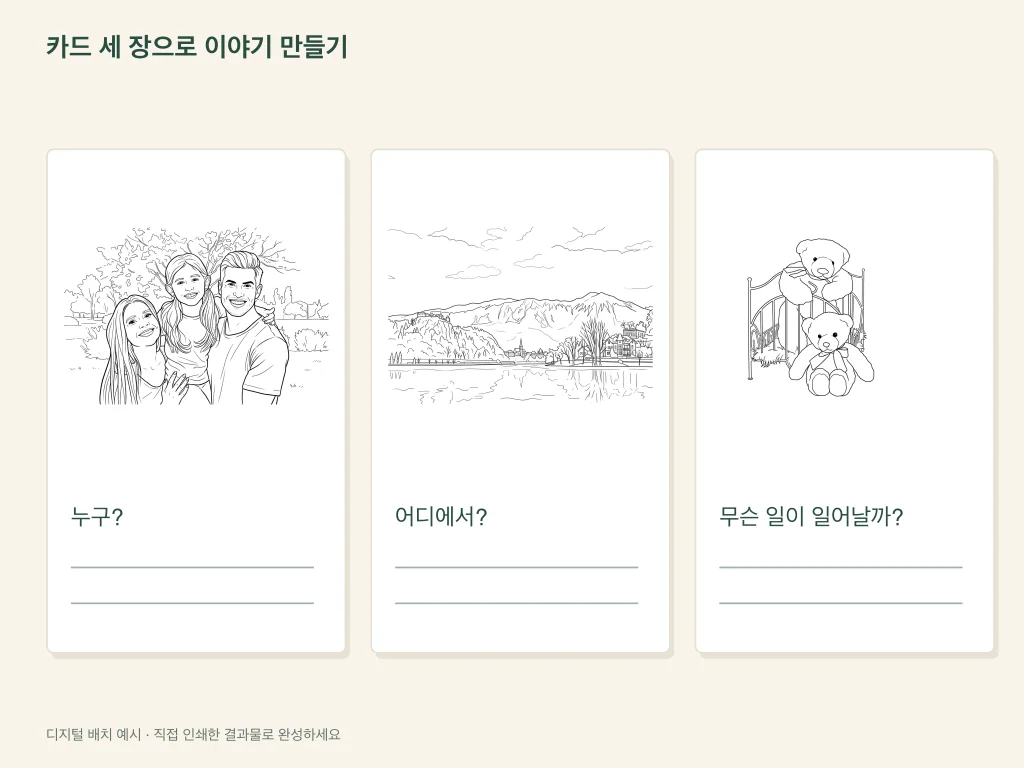 이야기 카드 세 장을 배열한 종이 활동 예시
