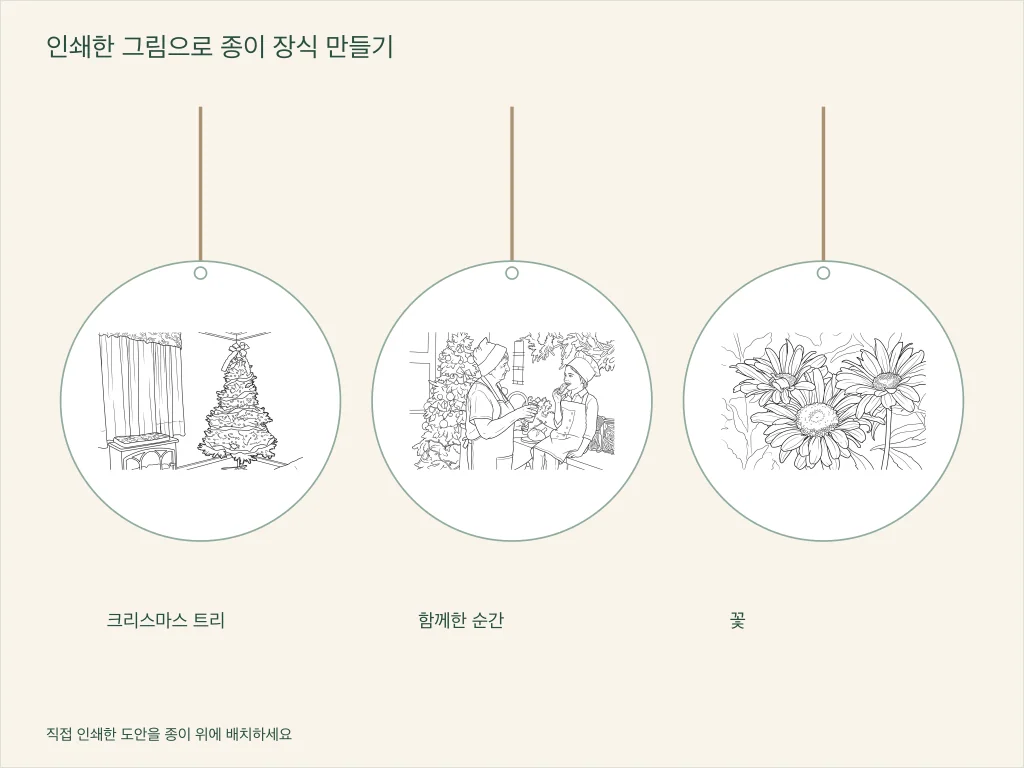 크리스마스 트리, 가족이 함께한 순간, 꽃을 담은 종이 장식 세 가지. 각각 걸 수 있는 고리가 있음