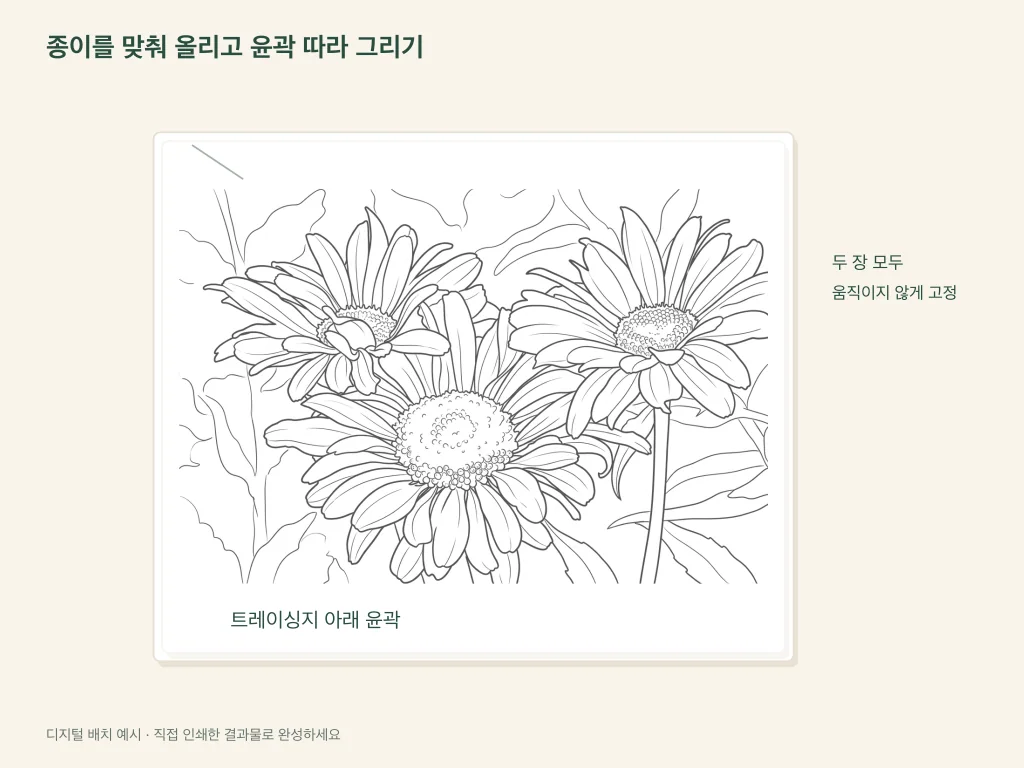 따라 그리기 위해 고정한 반투명 종이 아래 보이는 꽃 윤곽선