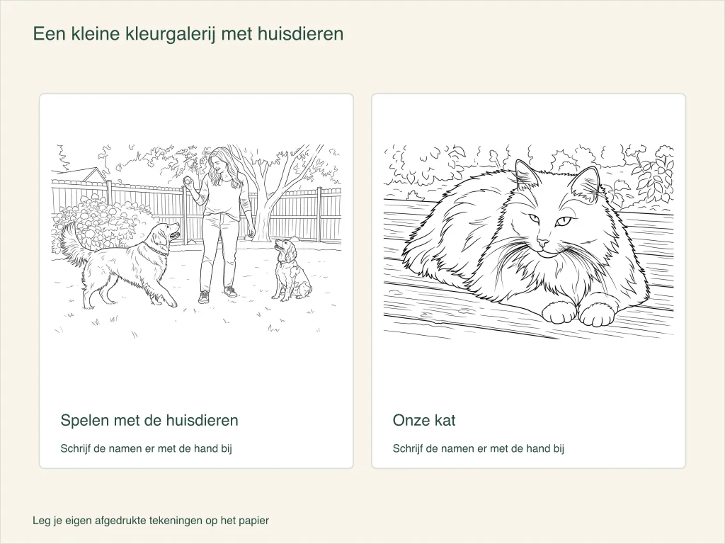 Twee tekeningen op papier voor een huisdierengalerij: een persoon die met twee honden speelt en een kat op houten planken, met ruimte voor namen.