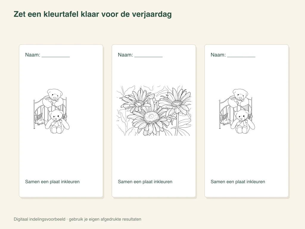 Een papieren indeling voor een kleurtafel op een verjaardag