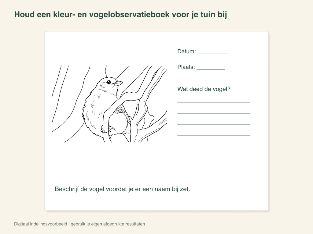 Een papieren opzet voor een vogelwaarneming in de tuin, met een kleurplaat en ruimte voor aantekeningen.