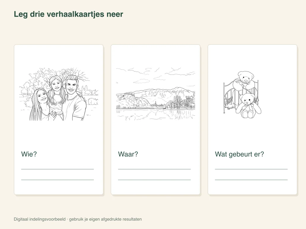Schik drie vertelkaarten: lay-out van de papieren activiteiten
